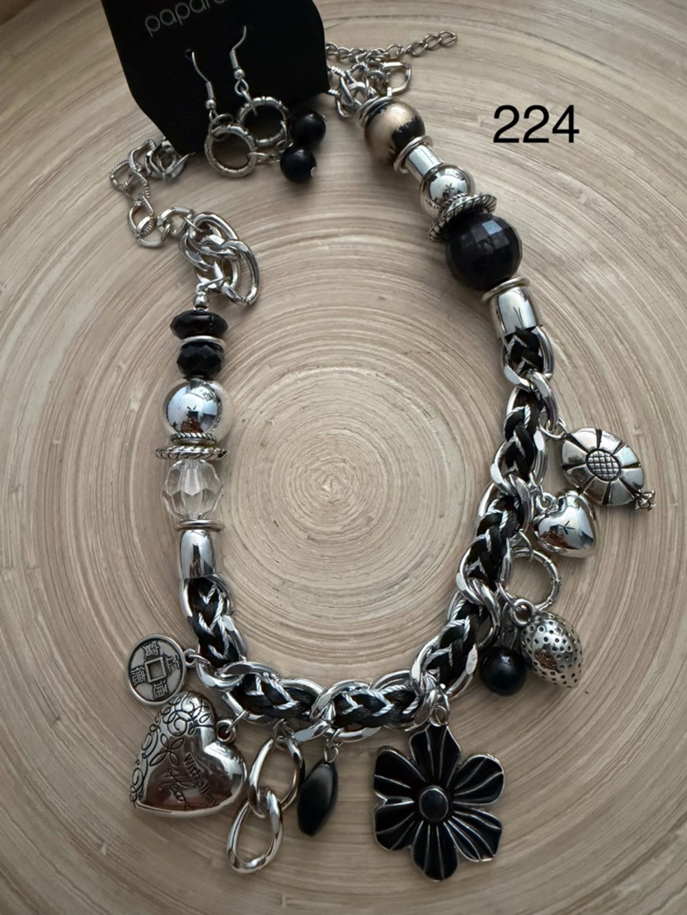 224 Paparazzi Black and Silver Charm Necklace with Matching Earrings